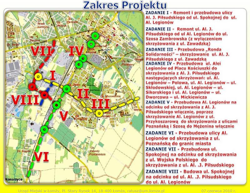 zakres projektu "Usprawnienie drogowych połączeń regionalnych w granicach Łomży"