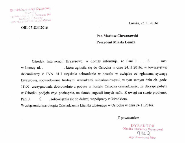pismo, jakie w opisywanej sprawie wpłynęło do Prezydenta Łomży od Dyrektor Ośrodka Interwencji Kryzysowej