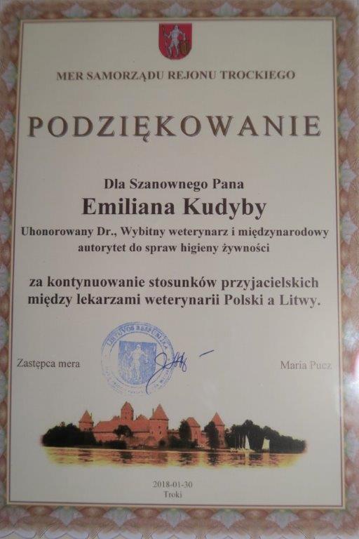 Podziękowanie za rozwijanie stosunków międzynarodowych między polskimi i litewskimi lekarzami weterynarii