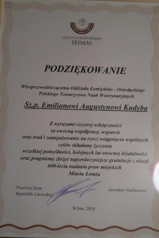 Podziękowanie jakie otrzymał dr Emilian Kudyba od Posła na Sejm Republiki Litewskiej Jarosława Narkiewicza