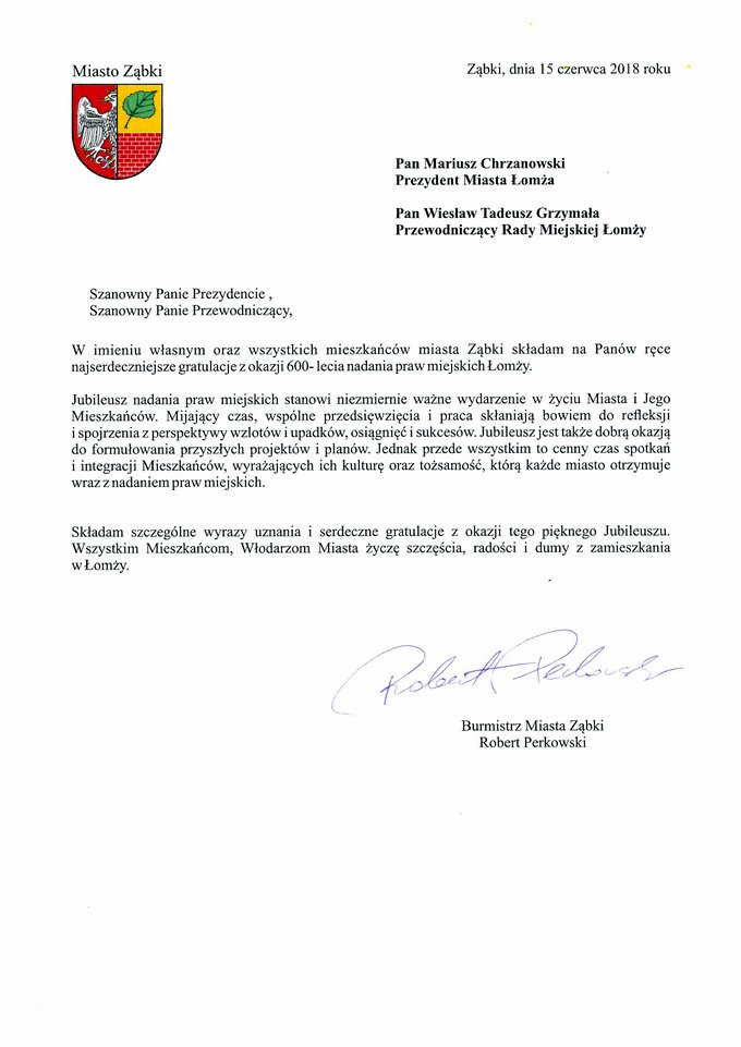 list Burmistrza Miasta Ząbki Roberta Perkowskiego