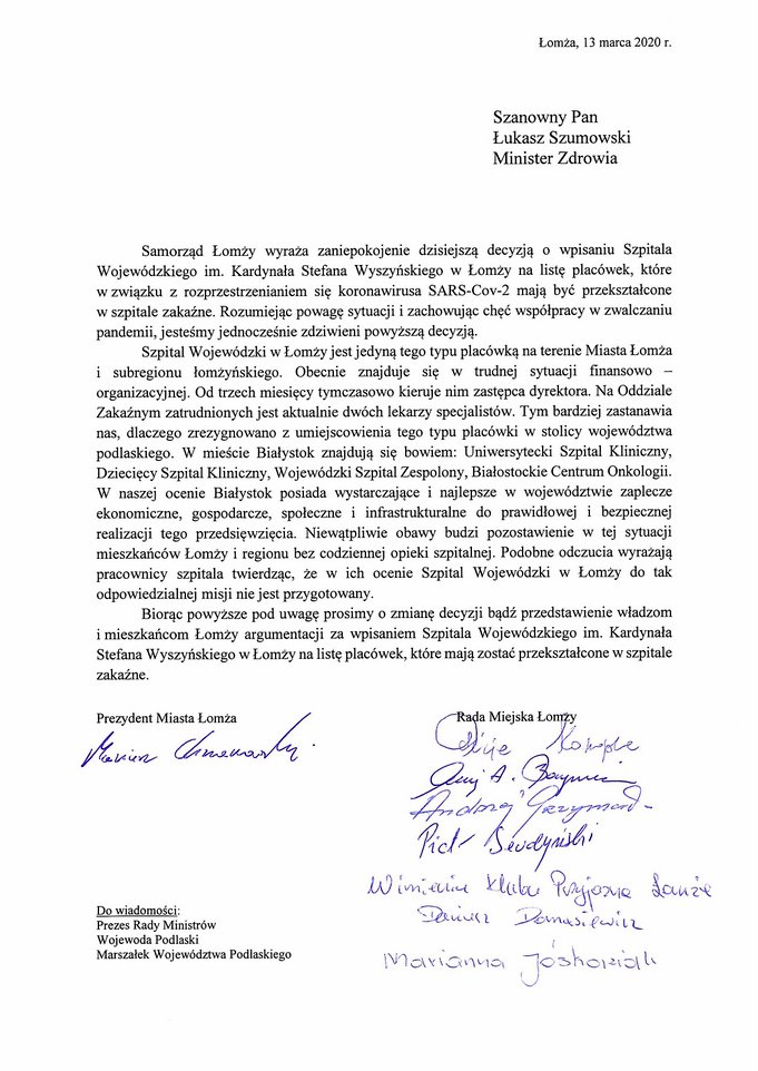 pismo prezydenta i radnych Rady Miejskiej Łomży