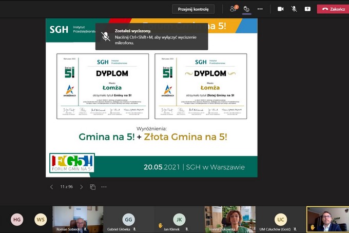dyplom dla Miasta Łomża zaprezentowany w formule online w trakcie Forum Gmin na 5