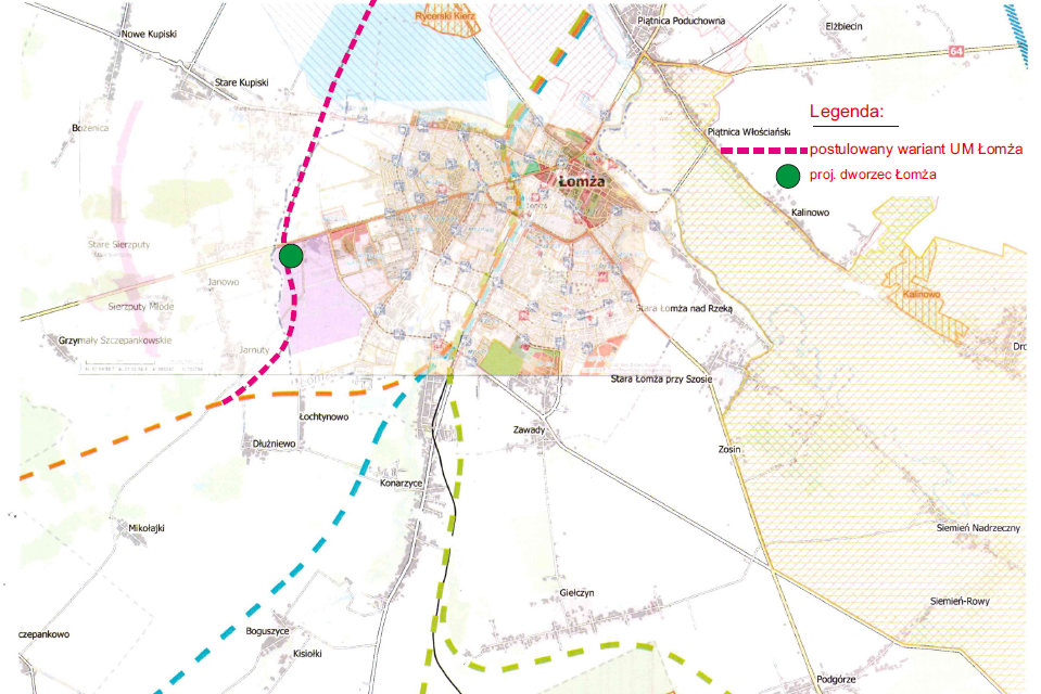 Przebieg linii kolejowej w zachodniej części miasta proponowany przez Miasto Łomża